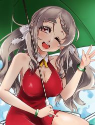 Rule 34 | 1girl, alternate costume, alternate hairstyle, bare shoulders, braid, braided bangs, brown eyes, collarbone, commentary request, dress, green umbrella, grey hair, hair ribbon, kantai collection, long hair, low twintails, open mouth, pola (kancolle), race queen, red dress, ribbon, round teeth, solo, teeth, thick eyebrows, twintails, udukikosuke, umbrella, upper body, upper teeth only, wavy hair, white ribbon