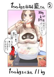 Rule 34 | 1girl, animal print, beige shirt, belly, blue legwear, blue pants, blush, border, breasts, brown eyes, brown hair, comic, covered navel, cup, denim, drink, eating, fat, food, food in mouth, fukuhara takaya, furrowed brow, highres, holding, holding food, jeans, large breasts, legs apart, long hair, long sleeves, measurements, muffin top, nail polish, new year, original, outside border, pants, parted bangs, pink background, pink nails, sequential, simple background, sitting, solo, speech bubble, spread legs, steam, sukiyaki, sushi, table, translation request, upper body, weight gain