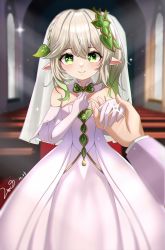 Rule 34 | 752968769, adapted costume, bridal veil, bride, cross-shaped pupils, dress, genshin impact, gloves, gradient hair, green eyes, hair ornament, highres, holding hands, indoors, jewelry, leaf hair ornament, multicolored hair, nahida (genshin impact), pointy ears, ring, side ponytail, smile, symbol-shaped pupils, veil, wedding, wedding dress, wedding ring, white dress, white gloves, white hair
