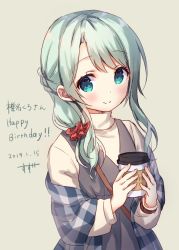 Rule 34 | 1girl, aqua eyes, brown background, brown shirt, chitosezaka suzu, closed mouth, coffee cup, commentary request, cup, dated, disposable cup, dress, green hair, grey dress, hair ornament, hair scrunchie, happy birthday, holding, holding cup, long hair, long sleeves, original, plaid, red scrunchie, scrunchie, shirt, simple background, sleeveless, sleeveless dress, smile, solo, translation request, upper body