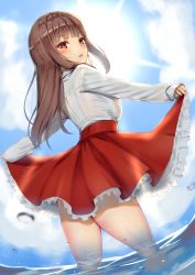 Rule 34 | 1girl, :o, black bra, blue sky, blurry, blush, bra, breasts, brown hair, cloud, day, fisheye, frilled skirt, frills, from behind, high-waist skirt, highres, long hair, long sleeves, looking at viewer, looking back, medium breasts, miniskirt, orange eyes, original, outdoors, outstretched arms, parted lips, red skirt, reinama, see-through, shirt, shirt tucked in, sidelocks, skirt, skirt hold, sky, sleeves past wrists, solo, standing, thighs, underwear, wading, water, white shirt