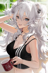 Rule 34 | 1girl, animal ears, arm up, bare arms, bare shoulders, breasts, coffee mug, collarbone, counter, cup, earrings, ekao, fang, grey eyes, hand on own head, highres, hololive, jewelry, lion ears, lion girl, lion tail, long hair, medium breasts, messy hair, midriff, morning, mug, nails, navel, shishiro botan, signature, smile, solo, standing, tail, teeth, virtual youtuber, white hair, window