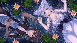 Rule 34 | 1boy, 1girl, animal ears, black jacket, blue ribbon, breasts, brown gloves, brown hair, cleavage, closed mouth, cropped jacket, dress, elbow gloves, extra ears, fenrys, flio, flower, gloves, grey hair, hair between eyes, highres, in water, jacket, large breasts, large ribbon, lily (flower), lily pad, looking at another, lv2 kara cheat datta moto yuusha kouho no mattari isekai life, lying, o-ring strap, on back, open mouth, pointy ears, pond, ribbon, ripples, signature, smile, teeth, tiramisubuono, upper teeth only, waist ribbon, wet, wet clothes, white dress, wolf ears