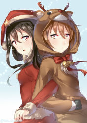 Rule 34 | 2girls, animal ear fluff, animal ears, animal hood, antlers, back-to-back, bad id, bad pixiv id, bell, black gloves, breasts, christmas, commentary request, deer ears, fake animal ears, fur-trimmed sleeves, fur collar, fur trim, gloves, hat, hatsushimo (kancolle), hood, hood up, horns, juurouta, kantai collection, locked arms, long hair, long sleeves, multiple girls, pom pom (clothes), raised eyebrows, red hat, reindeer antlers, reindeer girl, reindeer hood, santa costume, santa hat, small breasts, wakaba (kancolle)