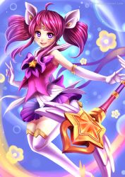 Rule 34 | 1girl, ahoge, alternate costume, boots, brooch, choker, circlet, cropped legs, elbow gloves, female focus, flower, gloves, high heel boots, high heels, highres, jewelry, knee boots, league of legends, looking at viewer, lux (league of legends), magical girl, microskirt, monica cencerrado, open mouth, pink hair, pleated skirt, purple eyes, ribbon, skirt, smile, solo, star (symbol), star guardian (league of legends), star guardian lux, twintails, wand, watermark, web address, white gloves