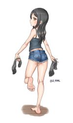 Rule 34 | 1girl, absurdres, ass, black hair, brown eyes, feet, from behind, highres, leg up, long hair, looking back, original, shorts, soles, solo, toes, tsukimaru (ls 99ml), white background