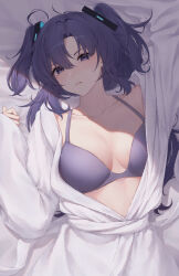 Rule 34 | 1girl, absurdres, bed sheet, blue archive, blush, bra, breasts, collarbone, hair between eyes, highres, large breasts, long hair, long sleeves, looking at viewer, open mouth, pajamas, purple bra, purple eyes, purple hair, solo, soo ou, two side up, underwear, upper body, white pajamas, yuuka (blue archive)
