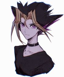 Rule 34 | 1boy, black collar, black hair, black shirt, blonde hair, chinese commentary, collar, commentary request, cropped torso, highres, male focus, multicolored hair, muto yugi, naoki (2rzmcaizerails6), purple eyes, purple hair, shirt, simple background, smile, solo, upper body, v-neck, white background, yu-gi-oh!, yu-gi-oh! duel monsters