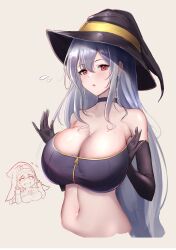 Rule 34 | 2girls, arknights, bare shoulders, black choker, black headwear, breasts, choker, cleavage, commentary request, cropped torso, grey background, grey hair, hat, highres, large breasts, long hair, midriff, multiple girls, navel, poni (poni arknights), red eyes, simple background, skadi (arknights), specter (arknights), stomach, strapless, tube top, upper body, very long hair, witch hat