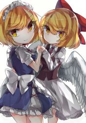 Rule 34 | 2girls, angel wings, apron, bad proportions, big head, bird wings, blonde hair, bow, breasts, closed mouth, dress, feathered wings, feet out of frame, female focus, gengetsu (touhou), hair bow, hair ornament, highres, holding hands, interlocked fingers, looking at viewer, maid, maid apron, maid headdress, mikomo0106, mugetsu (touhou), multiple girls, short hair, siblings, simple background, sisters, smile, standing, touhou, touhou (pc-98), white background, white wings, wings, yellow eyes
