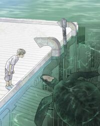 1boy amesho0417 building flood grey_hair grey_shorts highres leaning_forward looking_at_animal ocean on_roof original rooftop sea_turtle shirt short_hair short_sleeves shorts turtle water white_shirt wide_shot