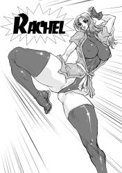 Rule 34 | 1girl, blue eyes, breasts, female focus, headband, japanese clothes, large breasts, leotard, martial champion, monochrome, racheal, thighhighs