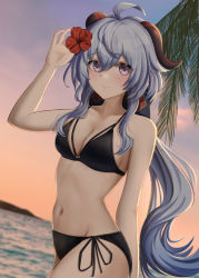 Rule 34 | 1girl, absurdres, ahoge, aimi (tikichin0229), bare arms, bare shoulders, bikini, black bikini, blue hair, blush, breasts, cleavage, collarbone, commentary request, cowboy shot, ganyu (genshin impact), genshin impact, groin, hair between eyes, hand up, highres, horns, long hair, looking at viewer, medium breasts, navel, outdoors, partial commentary, pink eyes, side-tie bikini bottom, smile, solo, standing, stomach, swimsuit, very long hair