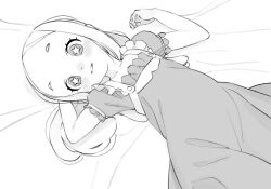 Rule 34 | 1girl, blush, dress, forehead, greyscale, highres, long hair, looking at viewer, lying, monochrome, on back, original, parted bangs, parted lips, ryo chimo, short eyebrows, short sleeves, solo, star (symbol), star in eye, symbol in eye