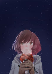 Rule 34 | 1girl, absurdres, akiyama yukari, blush, brown eyes, brown gloves, brown hair, can, canned coffee, drink can, girls und panzer, gloves, grey jacket, highres, jacket, looking away, oze (xyz go go11), red gloves, red scarf, scarf, short hair, sky, solo, star (sky), starry sky, twitter username, upper body