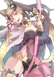 Rule 34 | 10s, 1girl, animal ears, arrow (projectile), bad id, bad pixiv id, bow (weapon), breasts, brown eyes, brown hair, cape, cleavage, cowboy shot, erune, granblue fantasy, headgear, highres, long hair, looking at viewer, metera (granblue fantasy), saraki, simple background, solo, tongue, tongue out, weapon