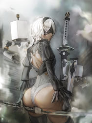 Rule 34 | 1girl, 2b (nier:automata), artist request, ass, back cutout, black thighhighs, blindfold, closed mouth, clothing cutout, commentary request, feather trim, floating, floating object, gloves, hairband, heattech leotard, highleg, highleg leotard, highres, holding, holding sword, holding weapon, leotard, lips, long sleeves, nier:automata, nier (series), outdoors, pod (nier:automata), puffy sleeves, robot, short hair, simple background, sword, thighhighs, thighs, turtleneck, weapon, white hair