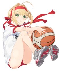 Rule 34 | 10s, 1girl, adidas, ahoge, ball, basketball, basketball (object), blush, braid, buruma, c:, closed mouth, fate/extra, fate/grand order, fate (series), full body, gym uniform, hair intakes, hayashi kewi, headband, knees up, legs together, looking at viewer, name tag, nero claudius (fate), nero claudius (fate) (all), nero claudius (fate/extra), nero claudius (olympian bloomers) (fate), official alternate costume, shoes, short sleeves, sidelocks, simple background, sitting, smile, sneakers, solo, thighs, white background