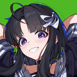 1girl ahoge arms_up awa_subaru black_choker black_hair black_sailor_collar blush breasts chinese_commentary choker cleavage collarbone commentary_request girls_band_cry green_background hair_ribbon highres long_hair looking_at_viewer open_mouth parted_bangs portrait purple_eyes ribbon sailor_collar short_sleeves sidelocks simple_background solo white_ribbon yun_cao_bing