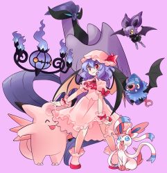 Rule 34 | 1girl, absurdres, articuno, artist name, ascot, bat wings, blue hair, boots, chandelure, clefable, closed mouth, collared shirt, creatures (company), crossover, dress, frilled cuffs, frilled dress, frilled footwear, frills, game freak, gen 1 pokemon, gen 5 pokemon, gen 6 pokemon, hat, hat ribbon, highres, holding, holding poke ball, isosceless, legendary pokemon, legs apart, looking at viewer, medium dress, medium hair, mob cap, nintendo, noibat, official style, outstretched arm, poke ball, pokemon, puffy short sleeves, puffy sleeves, red eyes, remilia scarlet, ribbon, shirt, short sleeves, sleeve bow, smile, swoobat, sylveon, touhou, wings