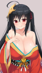 Rule 34 | 1girl, :q, ahoge, azur lane, black hair, breasts, cleavage, crossed bangs, eniraka, highres, huge breasts, japanese clothes, kimono, long hair, looking at viewer, mask, mask on head, off shoulder, red eyes, red kimono, simple background, solo, taihou (azur lane), tongue, tongue out, very long hair, wide sleeves