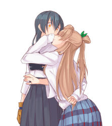 Rule 34 | 10s, 2girls, archery, arm behind back, blue hair, bow (weapon), closed eyes, gloves, hair between eyes, hakama, hakama skirt, highres, hollomaru, japanese clothes, kyuudou, light brown hair, light smile, long hair, looking at another, love live!, love live! school idol project, minami kotori, multiple girls, muneate, parted lips, partially fingerless gloves, partly fingerless gloves, side ponytail, single glove, skirt, sonoda umi, weapon, yellow eyes, yugake, yuri