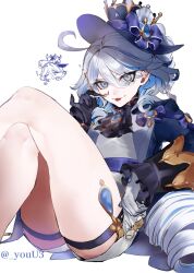 Rule 34 | 1girl, :p, ahoge, artist name, ascot, black ascot, black gloves, blue brooch, blue eyes, blue hair, blue hat, blue jacket, brooch, commentary, crossed legs, furina (genshin impact), genshin impact, gloves, grey shorts, hair between eyes, hat, highres, holding, jacket, jewelry, knee up, legs, light blue hair, long hair, long sleeves, looking at viewer, multicolored hair, short shorts, shorts, simple background, sitting, smile, solo, streaked hair, tongue, tongue out, top hat, white background, white gloves, youu3