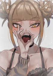 Rule 34 | 1girl, bare shoulders, blonde hair, blunt bangs, blush, boku no hero academia, bra, collarbone, double bun, fangs, fellatio gesture, hair bun, highres, looking at viewer, open mouth, oral invitation, simple background, solo, toga himiko, tongue, tongue out, underwear, yellow eyes, zd (pixiv6210083)
