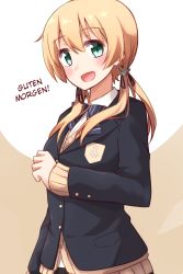 Rule 34 | 10s, 1girl, :d, alternate costume, aqua eyes, black jacket, blonde hair, blouse, blue ribbon, hair between eyes, hard-translated, highres, jacket, kantai collection, kapatarou, long hair, long sleeves, low twintails, neck ribbon, open mouth, prinz eugen (kancolle), ribbon, school uniform, shirt, smile, solo, sweater, third-party edit, translated, twintails, white shirt, yellow sweater