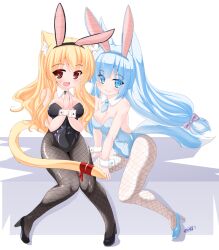 Rule 34 | 2girls, animal ears, bare shoulders, black footwear, black hairband, black leotard, blonde hair, blue eyes, blue footwear, blue hair, blue hairband, blue leotard, bow, breasts, cat ears, cat girl, cat tail, cleavage, collar, commentary request, detached collar, fake animal ears, fishnet pantyhose, fishnets, grey pantyhose, groin, hair bow, hairband, high heels, highres, kanijiru, large breasts, leotard, long hair, multiple girls, original, own hands together, pantyhose, playboy bunny, purple bow, rabbit ears, red eyes, red ribbon, ribbon, shoes, signature, strapless, strapless leotard, tail, tail ornament, tail ribbon, very long hair, white background, white collar, wing collar, wrist cuffs
