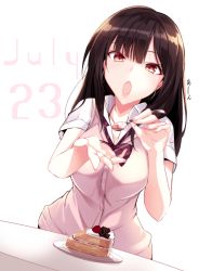 Rule 34 | 1girl, bad id, bad twitter id, bandana, black hair, breasts, cake, earrings, feeding, food, haruka natsuki, hoop earrings, incoming food, jewelry, july, large breasts, long hair, looking at viewer, neckerchief, open mouth, original, red eyes, sailor collar, school uniform, shirt, simple background, solo, spoon, sweater vest, upper body, white background, white shirt