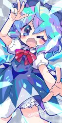Rule 34 | 1girl, bloomers, blue bow, blue dress, blue eyes, blue hair, blue nails, blush, bow, cirno, collared shirt, dress, fairy, fang, feet out of frame, fingernails, hair between eyes, hair bow, harunori (hrnrx), ice, ice wings, nail polish, one eye closed, open mouth, puffy short sleeves, puffy sleeves, shirt, short hair, short sleeves, skin fang, solo, touhou, twitter username, underwear, white bloomers, white shirt, wings