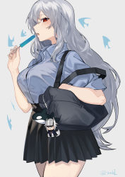 Rule 34 | 1girl, absurdres, alternate costume, arknights, bag, black skirt, blue shirt, breasts, commentary request, cowboy shot, food, grani (arknights), grey background, hand up, hati105, highres, holding, holding food, charm (object), large breasts, long hair, looking at viewer, miniskirt, no headwear, parted lips, partial commentary, pleated skirt, popsicle, red eyes, school bag, school uniform, shirt, shirt tucked in, short sleeves, silver hair, simple background, skadi (arknights), skirt, solo, standing, stuffed animal, stuffed orca, stuffed toy, very long hair