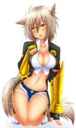 Rule 34 | 1girl, animal ears, baretto, baretto (firearms 1), blazblue, blazblue: chronophantasma, blush, breasts, brown hair, bullet (blazblue), cat tail, cleavage, crop top, cutoffs, denim, denim shorts, dog ears, dog tail, fang, fingerless gloves, gloves, highres, hip focus, kemonomimi mode, kneeling, large breasts, looking at viewer, micro shorts, midriff, navel, paw pose, raised eyebrow, short hair, short shorts, shorts, simple background, solo, tail, torn clothes, white background, yellow eyes