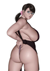 Rule 34 | 1girl, apron, ass, black hair, blue eyes, breasts, cattleya (queen&#039;s blade), curvy, female focus, flower, glasses, hair ornament, highres, housewife, huge ass, karma-laboratory, large breasts, looking back, mature female, ponytail, queen&#039;s blade, self wedgie, short hair, sideboob, solo, standing, wedgie, white background