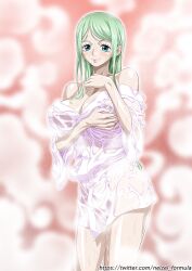 Rule 34 | 1girl, ass, blue eyes, breasts, covered erect nipples, female focus, green hair, kouzuki toki, large breasts, nel-zel formula, one piece, smile, text focus, translation request, twitter username