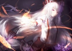 Rule 34 | 1girl, absurdres, armlet, black background, blurry, bow, buttons, closed mouth, congming lan, cowboy shot, depth of field, expressionless, feathers, fire, fire, fujiwara no mokou, hair bow, highres, long hair, long sleeves, looking at viewer, multi-tied hair, open fly, pants, red eyes, red feathers, red pants, simple background, solo, suspenders, touhou, very long hair, white bow, white hair