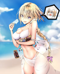 Rule 34 | 1girl, :d, anger vein, apple, bag, beach, bikini, blonde hair, blue sky, braid, breasts, cellphone, cleavage, cloud, covered erect nipples, day, fate/apocrypha, fate/grand order, fate (series), food, fruit, highres, jeanne d&#039;arc (fate), jeanne d&#039;arc (ruler) (fate), jeanne d&#039;arc alter (avenger) (fate), jeanne d&#039;arc alter (fate), long hair, navel, open mouth, outdoors, phone, plastic bag, popsicle, purple eyes, ruler (fate/grand order), sarong, sky, smartphone, smile, solo, solo focus, sweatdrop, swimsuit, teeth, tetsu (excalibur920), very long hair, white bikini