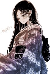 Rule 34 | 1girl, artist name, black hair, black sash, blush, brown eyes, closed mouth, commentary, dated, floral print, from side, japanese clothes, kimono, long hair, long sleeves, looking down, obi, original, print sash, sash, signature, simple background, sitting, solo, sugano manami, white background