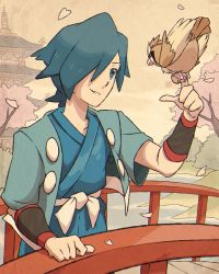 Rule 34 | 1boy, alolan boy, bird, bridge, building, commentary request, creatures (company), day, falkner (pokemon), game freak, gen 1 pokemon, gym leader, hair over one eye, hand up, highres, holding, holding pokemon, japanese clothes, male focus, nintendo, outdoors, parted lips, petals, pidgey, pokemon, pokemon (creature), pokemon hgss, sash, smile, spanish commentary, tree, vambraces, water
