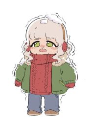 Rule 34 | 1girl, brown footwear, brown hair, cold, frown, fugota6509, full body, green eyes, green jacket, grey pants, jacket, long sleeves, looking at viewer, mittens, nose bubble, open clothes, open jacket, open mouth, pants, pretty series, pripara, red mittens, red sweater, shoes, short hair, simple background, snow on body, snow on head, solo, standing, sweater, taiyo pepper, trembling, white background, winter clothes