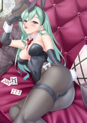 Rule 34 | 1girl, animal ears, ass, bare shoulders, black gloves, black leotard, black pantyhose, blush, bottle, bow, breasts, breasts apart, card, cherry, couch, covered navel, cup, cushion, drinking glass, earrings, elbow gloves, fake animal ears, fake tail, food, fruit, gloves, green hair, highres, hisame shiki, jewelry, large breasts, leotard, long hair, lying, mole, mole on breast, necktie, on couch, on side, pantyhose, playboy bunny, playing card, purple hair, rabbit ears, rabbit tail, red tie, solo, table, tail, thigh strap, unmoving pattern, virtual youtuber, vspo!, white bow, white wrist cuffs, wrist cuffs, yakumo beni