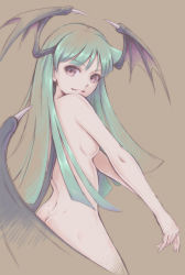 Rule 34 | 1girl, absurdres, bare arms, bare shoulders, breasts, butt crack, commentary request, convenient censoring, demon girl, demon wings, from side, grey background, grey hair, head wings, highres, lips, long hair, looking at viewer, medium breasts, morrigan aensland, nude, parted lips, purple eyes, simple background, smile, thighs, tyanoki, upper body, vampire (game), wings