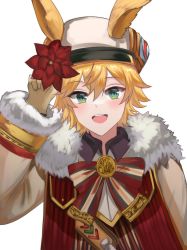 Rule 34 | 1boy, animal ears, arknights, bishounen, blonde hair, blue sealad, blush, christmas ornaments, eyebrows hidden by hair, gloves, green eyes, hand up, hat, leonhardt (arknights), male focus, rabbit boy, rabbit ears, ribbon, short hair, simple background, smile, solo, upper body, white background