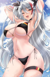 Rule 34 | 1girl, akatsuki (aktk511), antenna hair, armpits, arms behind head, arms up, azur lane, bad id, bad twitter id, bare shoulders, bikini, black bikini, black ribbon, breasts, cleavage, flag print, german flag, german flag bikini, highres, large breasts, long hair, looking at viewer, multicolored hair, navel, official alternate costume, open mouth, prinz eugen (azur lane), prinz eugen (unfading smile) (azur lane), red hair, ribbon, sideboob, solo, stomach, streaked hair, swimsuit, two side up