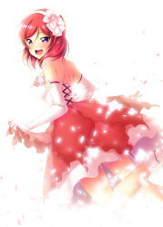 Rule 34 | 10s, 1girl, :d, bare shoulders, blush, breasts, dress, elbow gloves, flower, gloves, hair flower, hair ornament, hairband, highres, large breasts, looking back, love live!, love live! school idol festival, love live! school idol project, nishikino maki, open mouth, petals, purple eyes, red hair, short hair, smile, solo, sparkle, strapless, strapless dress, yu-ta
