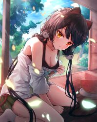 Rule 34 | 1girl, absurdres, animal ears, architecture, arm support, bare shoulders, black tank top, blush, breasts, brown hair, cleavage, clothes pull, dog ears, east asian architecture, falling petals, food, fruit, green skirt, heterochromia, highres, inui toko, inui toko (2nd costume), leaning forward, long hair, looking at viewer, low twintails, medium breasts, miniskirt, nijisanji, official alternate costume, petals, pleated skirt, red eyes, red rope, rope, rope belt, shirt, shirt pull, skirt, sleeping, socks, solo, strap pull, summer, swept bangs, t-shirt, tank top, twintails, very long hair, virtual youtuber, watermelon, watermelon slice, white shirt, white socks, yellow eyes, yoharu tao