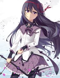 Rule 34 | 1girl, akemi homura, arrow (projectile), black hair, black pantyhose, black shirt, bow (weapon), collared shirt, contrapposto, cowboy shot, floating hair, frilled skirt, frills, hair between eyes, hair ribbon, hairband, holding, holding arrow, holding bow (weapon), holding weapon, jacket, long hair, long sleeves, looking at viewer, looking to the side, mahou shoujo madoka magica, mahou shoujo madoka magica (anime), miniskirt, neck ribbon, pantyhose, parted lips, pleated skirt, purple eyes, purple ribbon, purple sailor collar, purple skirt, red hairband, red ribbon, ribbon, runeko, sailor collar, shirt, signature, skirt, solo, standing, straight hair, very long hair, weapon, white background, white jacket, wing collar