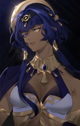 Rule 34 | 1girl, ankh, bad id, bad twitter id, blue eyes, blue hair, breasts, candace (genshin impact), cleavage, commentary, dark-skinned female, dark skin, egyptian clothes, english commentary, expressionless, eye of horus, forehead jewel, genshin impact, glint, gold, gold trim, hair intakes, hair ornament, heterochromia, highres, jewelry, lips, looking at viewer, medium breasts, neck ring, parted lips, roru (lol dessin), short hair with long locks, sidelocks, signature, solo, upper body, yellow eyes