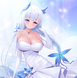 Rule 34 | 1girl, absurdres, azur lane, bare shoulders, blue eyes, braid, breasts, cleavage, commentary, dress, elbow gloves, elsynien, english commentary, gloves, hair ornament, highres, illustrious (azur lane), illustrious (illustrious ball) (azur lane), large breasts, long hair, looking at viewer, mole, mole under eye, official alternate costume, sky, smile, solo, strapless, strapless dress, white dress, white gloves, white hair